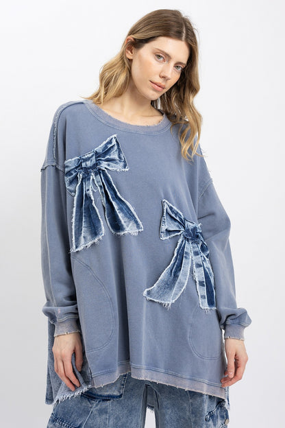SLATE BLUE WASHED DENIM RIBBON PATCHWORK TOP- OVERSIZED