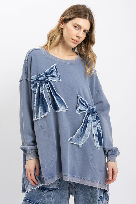 SLATE BLUE WASHED DENIM RIBBON PATCHWORK TOP- OVERSIZED