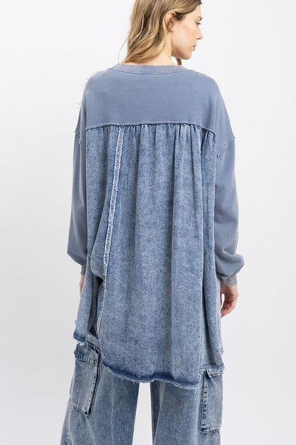 SLATE BLUE WASHED DENIM RIBBON PATCHWORK TOP- OVERSIZED