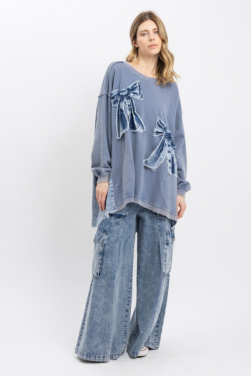 SLATE BLUE WASHED DENIM RIBBON PATCHWORK TOP- OVERSIZED