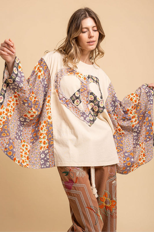 OVERSIZED HEART AND PEACE FLOWER PATCH PONCHO TOP