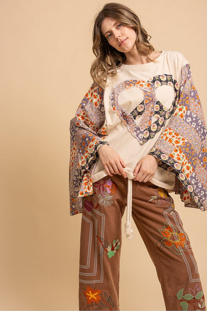 OVERSIZED HEART AND PEACE FLOWER PATCH PONCHO TOP