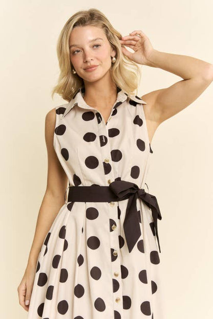 BLACK-POLKA DOT BUTTON DOWN BELTED SLEEVELESS SHIRT DRESS