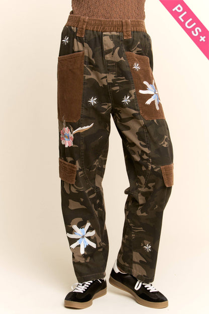 Davi & Dani - Plus - Camo Floral Embroidered Patch Pocket Pants
