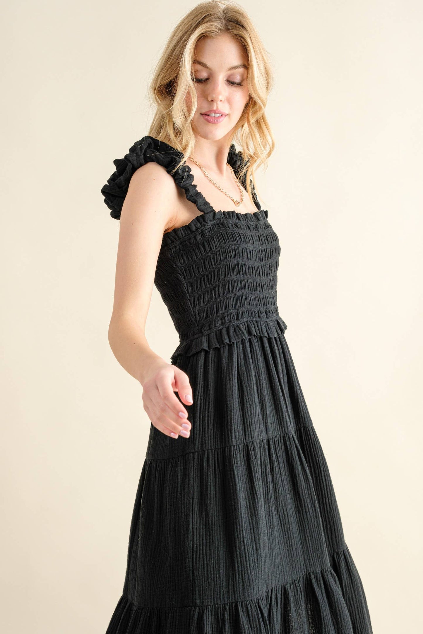 AND THE WHY- Black Ruched Shoulder Strap Cotton Midi Dress