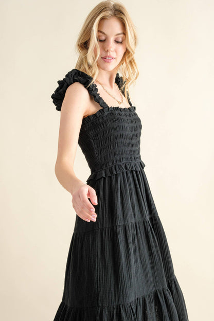 AND THE WHY- Black Ruched Shoulder Strap Cotton Midi Dress