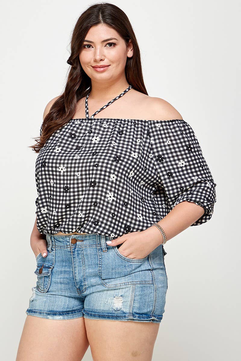 Black -The Curvy Checkered Off The Shoulder Top -