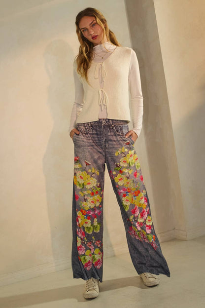 The Curvy Floral & Faux Denim Printed Wide Pants