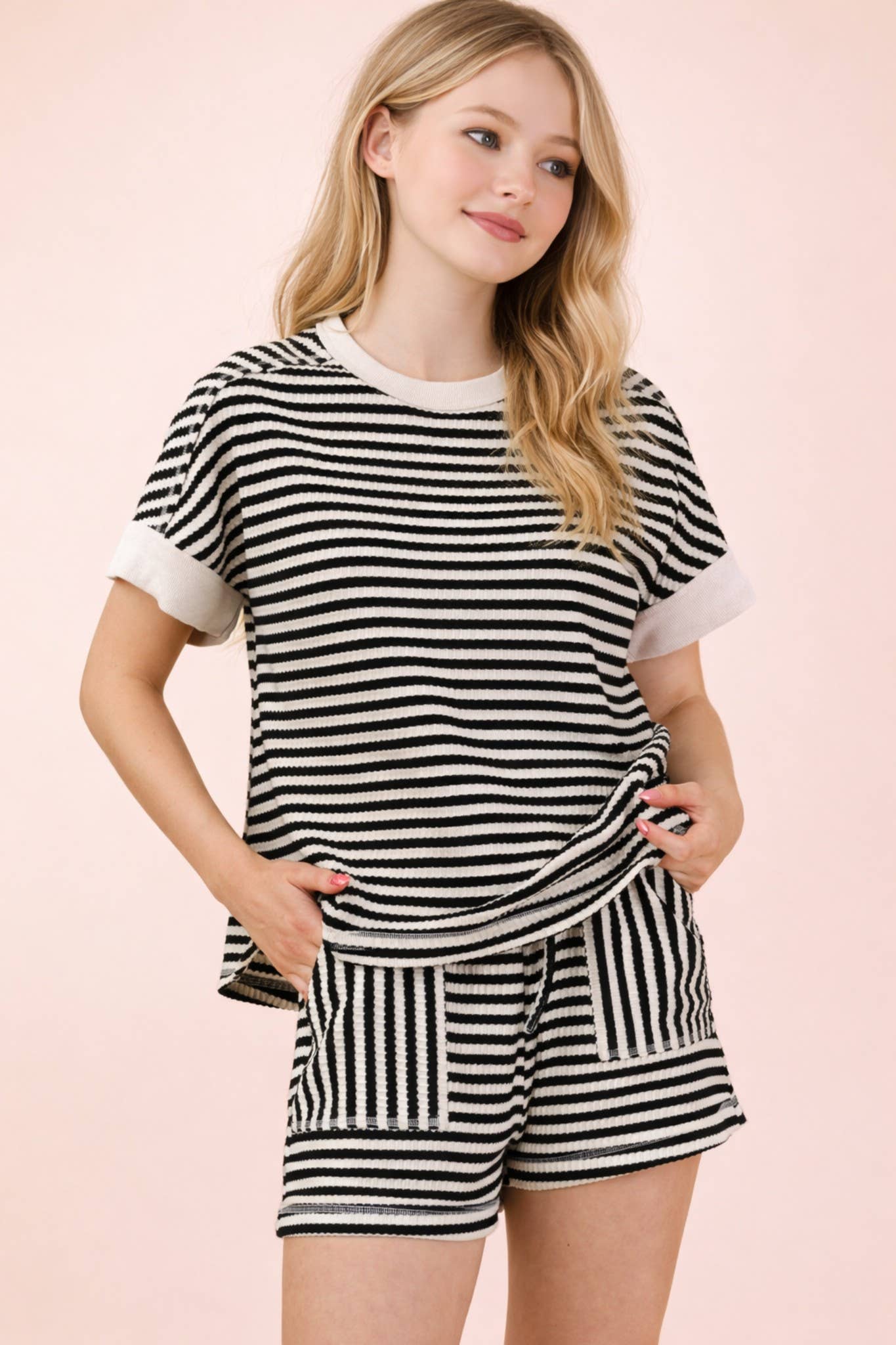 Black/Oatmeal Striped Comfy Knit Top & Shorts Set