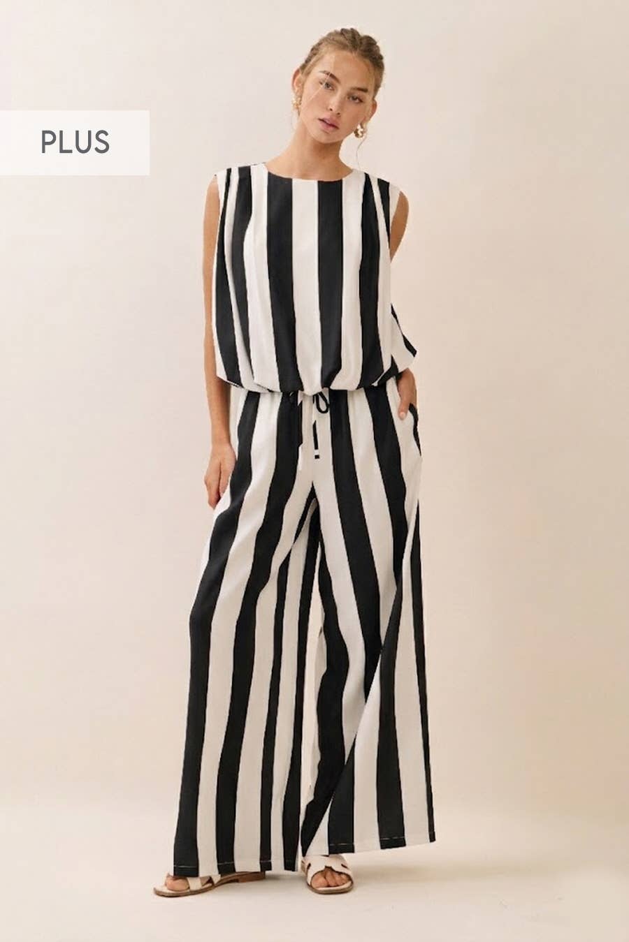 Oddi - Vertical Stripe Sleeveless Top Matching Pant Set