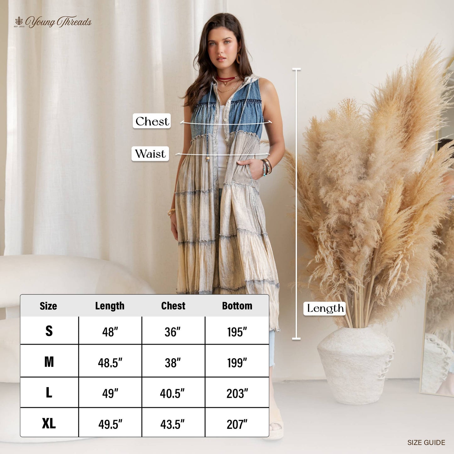 Boho Tiered Sleeveless Maxi Button-Front Duster With Hood 