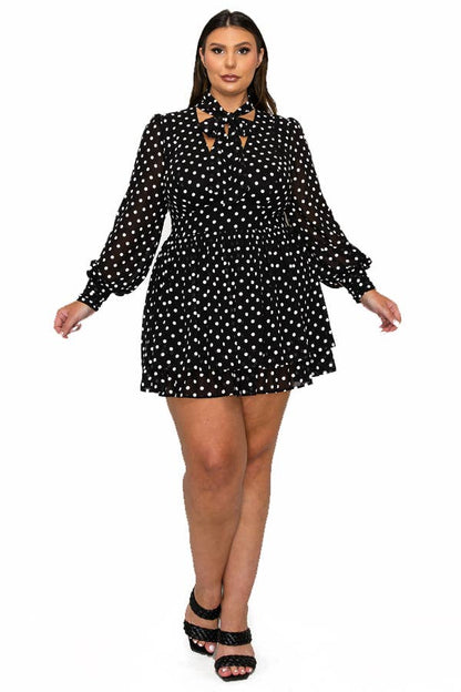 Miss Avenue - POLKA DOT TIE NECK LONG SLV CUT OUT BACK DRESS