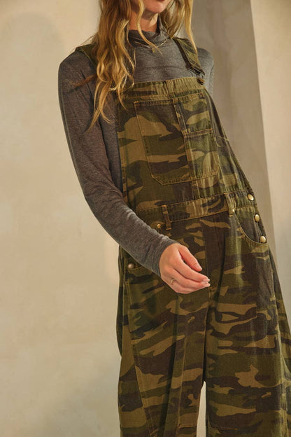 Oddi - Curvy Camo Denim Barrel Overall Jumpsuit