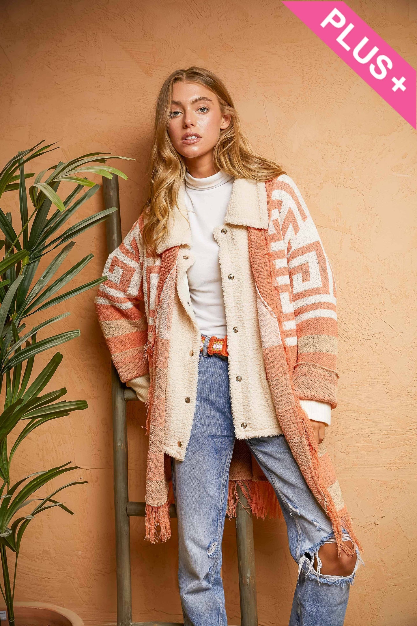 FRINGE GEOMETRIC STRIPE CARDIGAN