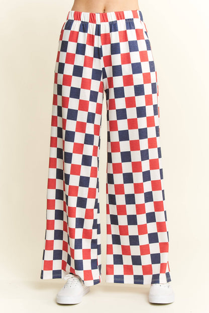 NAVY/WHITE HIGH WAIST CHECKERED KNIT PANTS