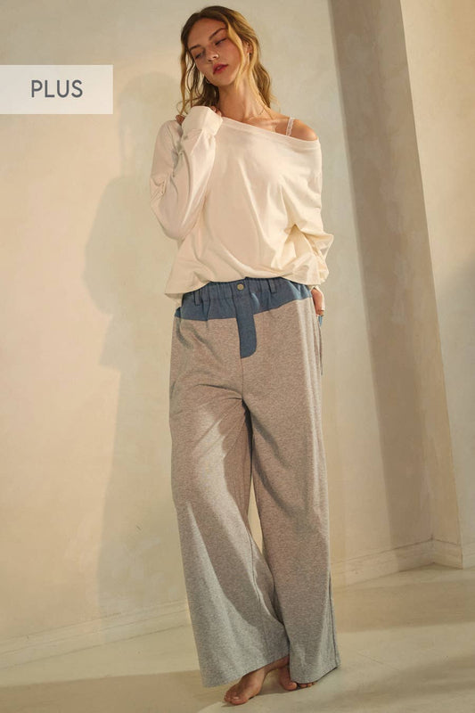 Oddi - Contrasting Denim Trim Wide-leg Pants