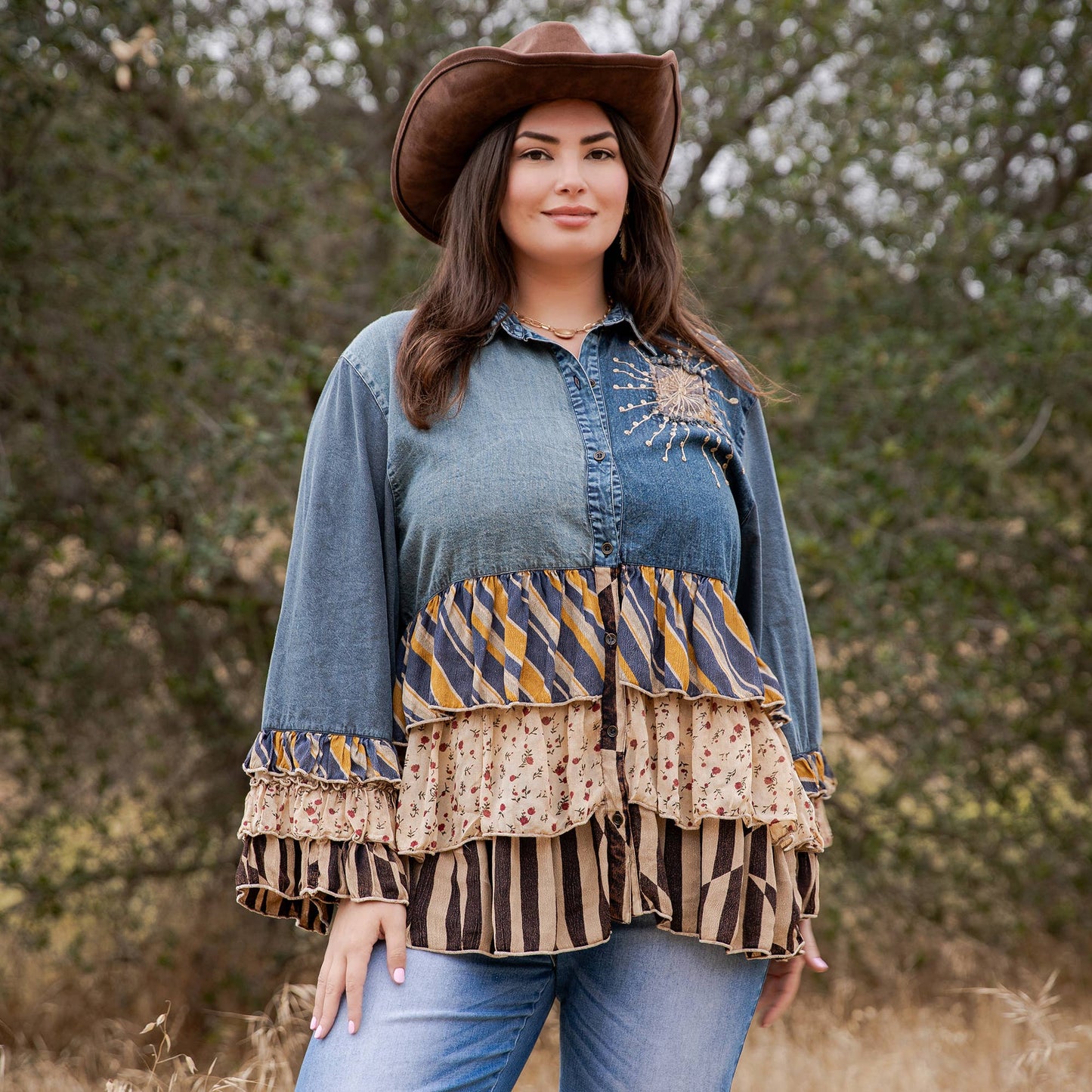 Young Threads - Vintage Boho Denim Yoke Patchwork Tiered Tunic Top  NEW