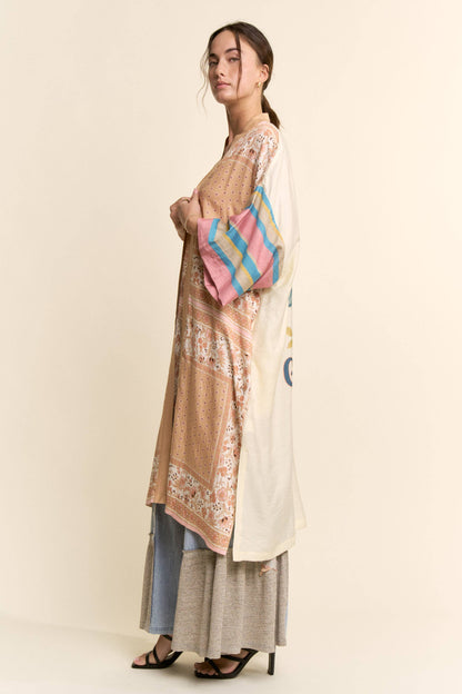 Davi & Dani - GARDEN WHIMSY CAT PRINTED BACK KIMONO DUSTER