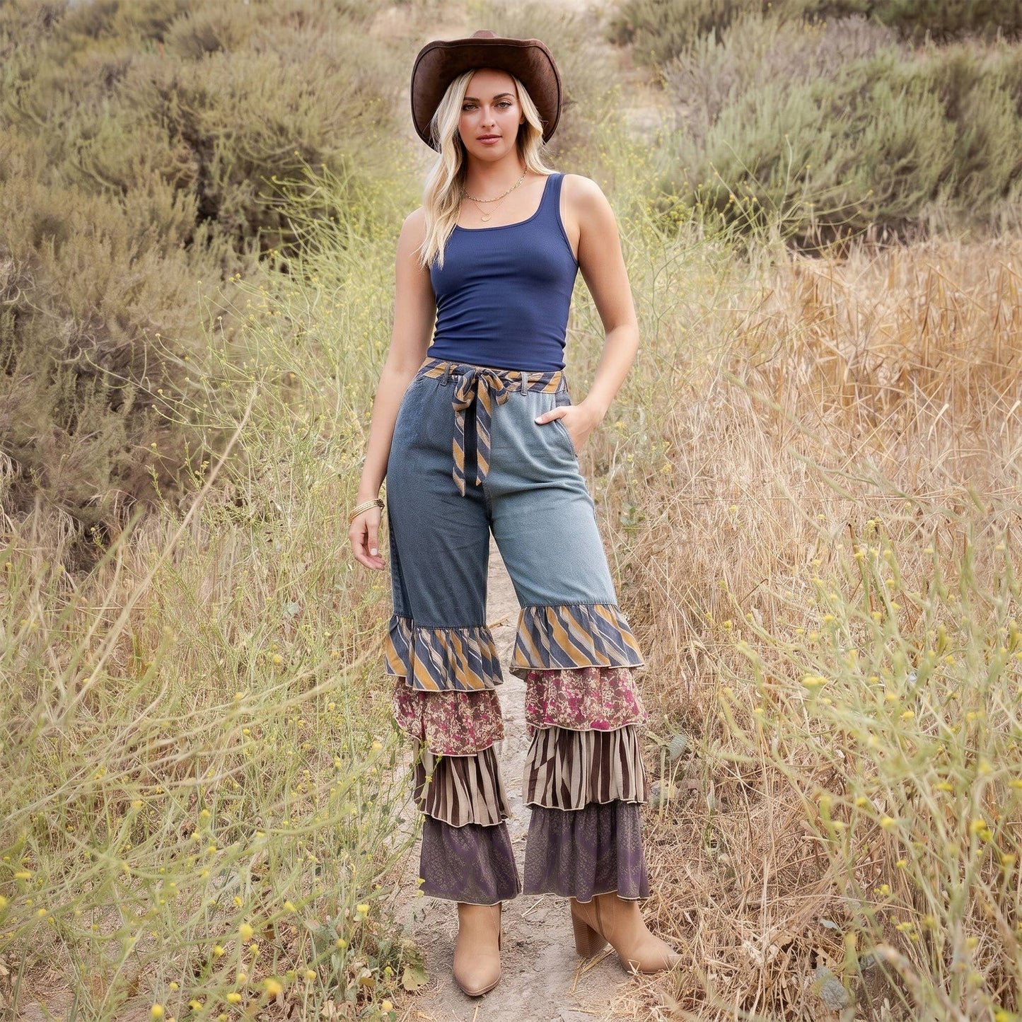 Young Threads - Mixed Print Denim Patchwork Ruffle Flare Pants with Belt NEW