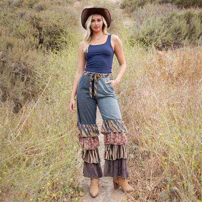 Young Threads - Mixed Print Denim Patchwork Ruffle Flare Pants with Belt NEW