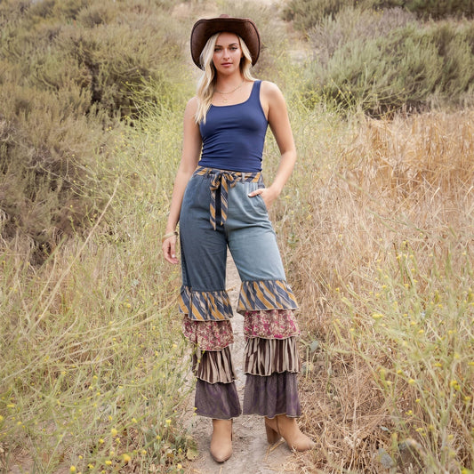 Young Threads - Mixed Print Denim Patchwork Ruffle Flare Pants with Belt NEW