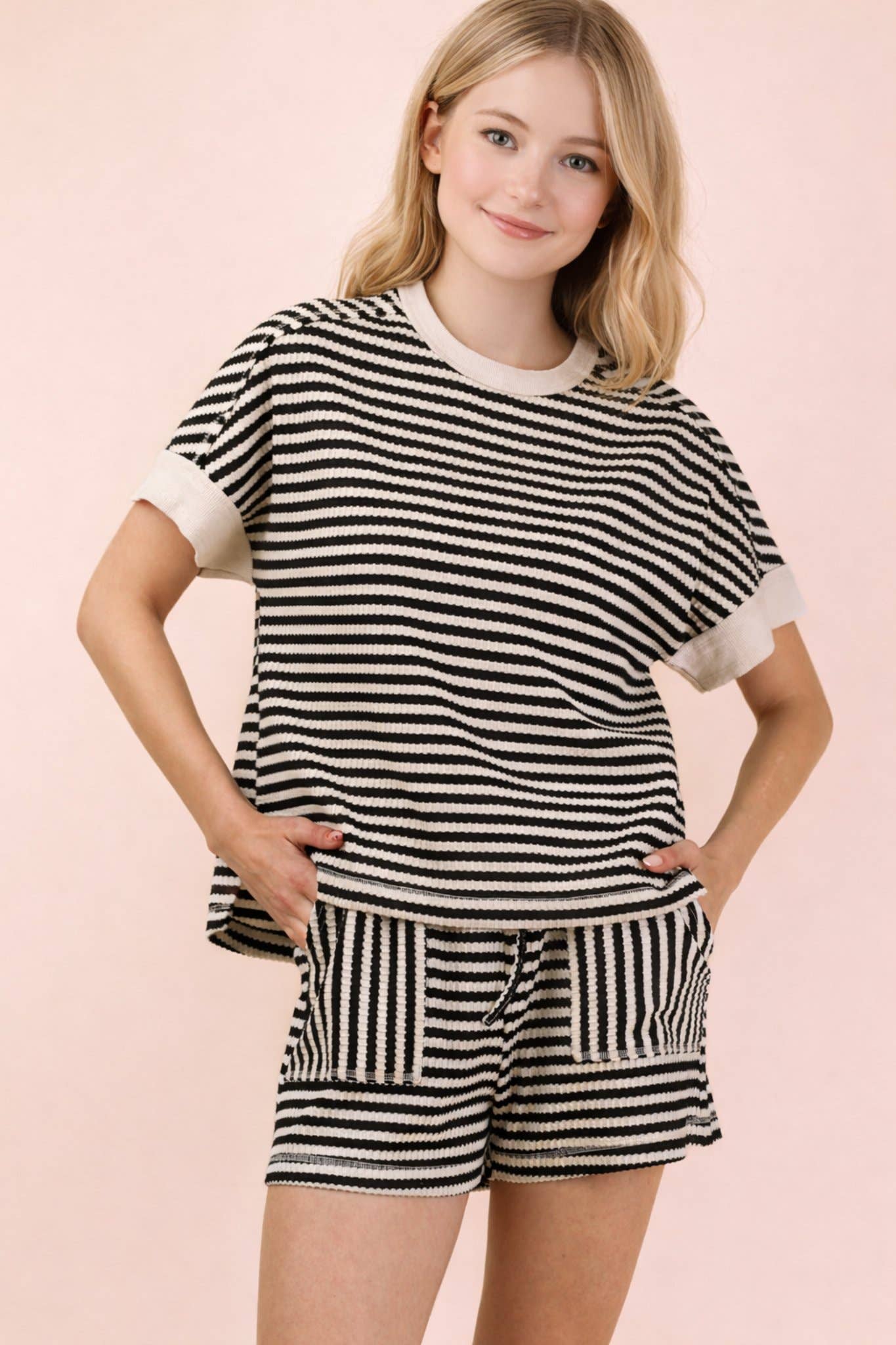 Black/Oatmeal Striped Comfy Knit Top & Shorts Set