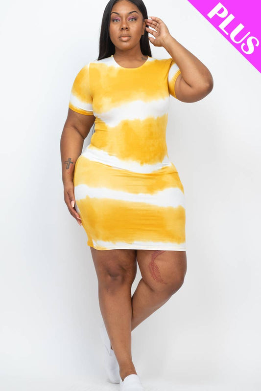 Mustard Tie-Dye Curvy Bodycon Dress Bodycon Dress