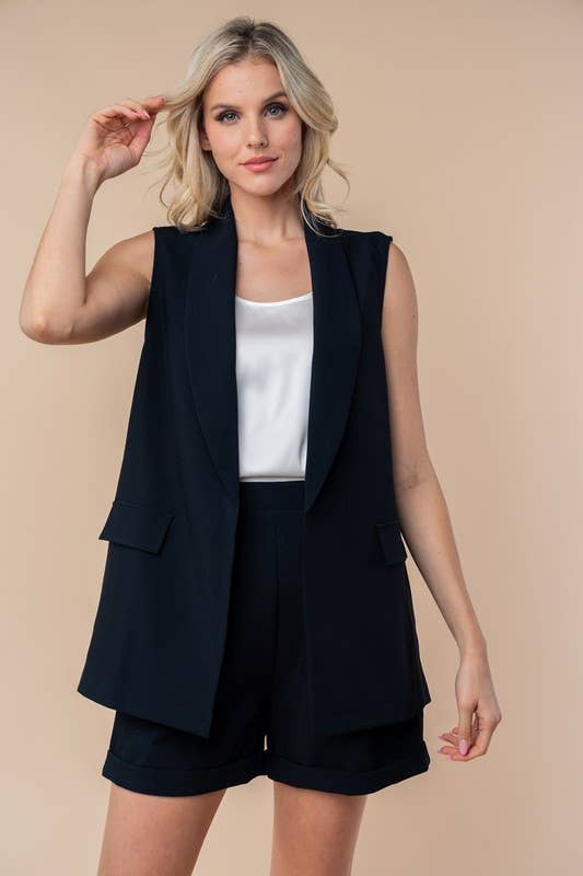 Black Sleeveless Solid Woven Vest Blazer