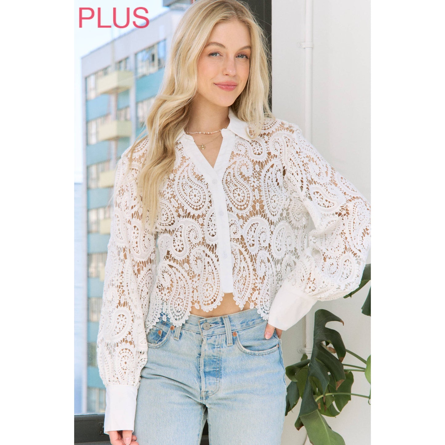 Sweet Generis - SHEER CROCHET SCALLOP EDGE CROP SHIRT BLOUSE