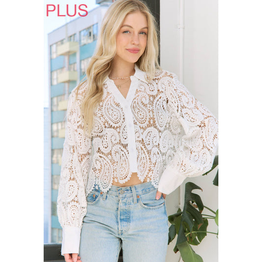 Sweet Generis - SHEER CROCHET SCALLOP EDGE CROP SHIRT BLOUSE
