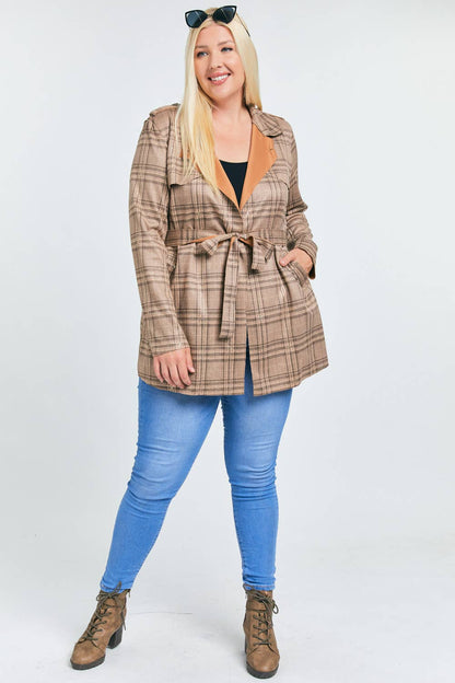 CURVY & CUTE PLAID TIE AROUND WAIST COAT