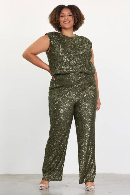 SKIES ARE BLUE - Curvy Olive Sequin Long Pants