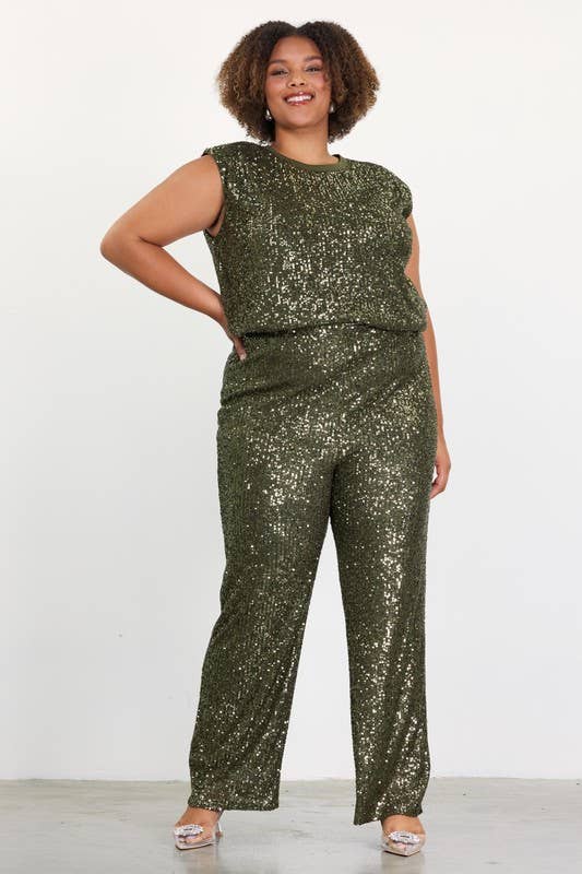 SKIES ARE BLUE - Curvy Olive Sequin Long Pants