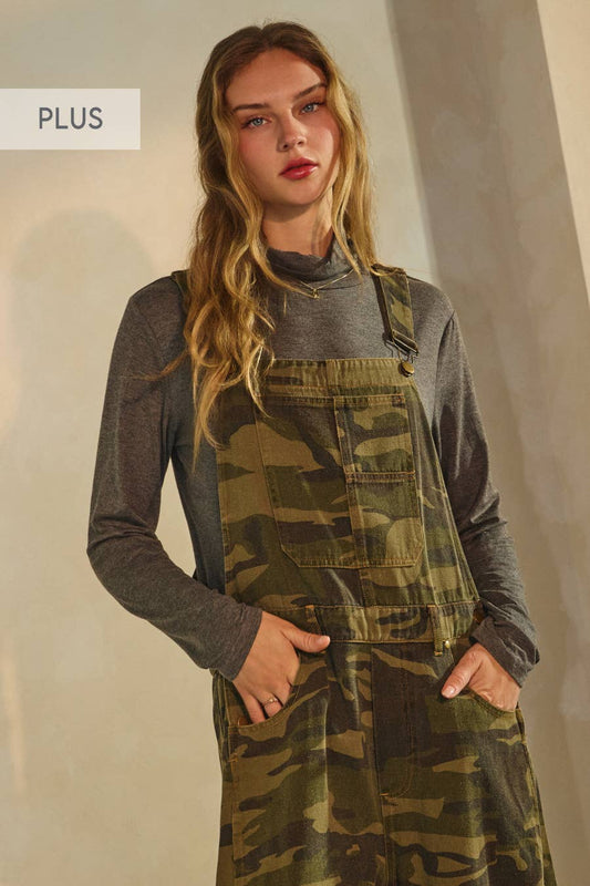 Oddi - Curvy Camo Denim Barrel Overall Jumpsuit