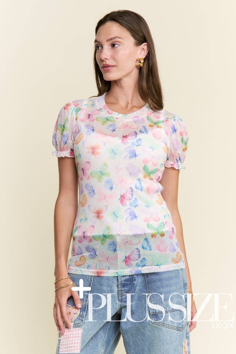 Pastel Butterfly Short Sleeve Mesh Top