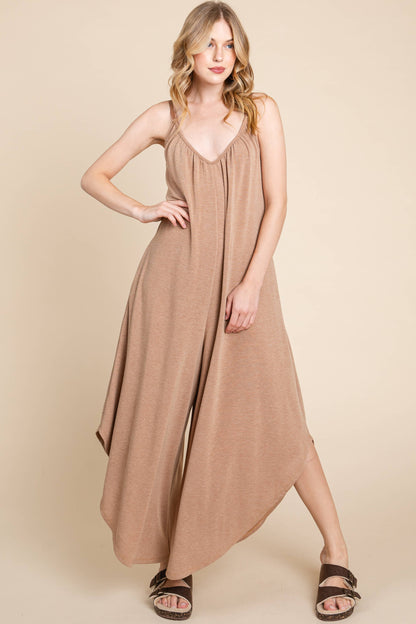 Camel Solid French Terry Wide Leg Jumpsuit