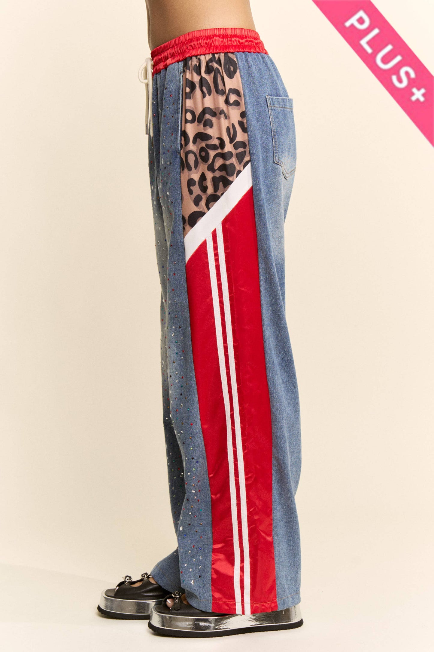 Davi & Dani - PLUS RHINESTONE JOGGERS CRYSTAL DENIM TRACK PANT