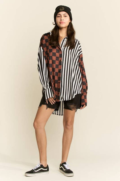 JADE BY JANE - PLUS SIZE SPLIT DECISION CHECKER-STRIPE BLOUSE