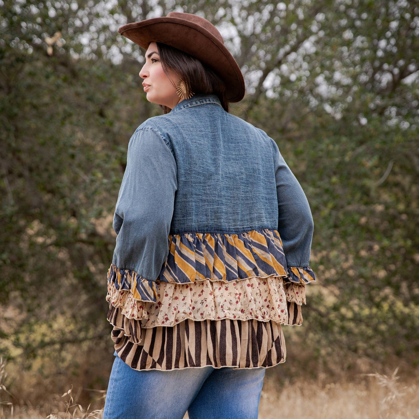 Young Threads - Vintage Boho Denim Yoke Patchwork Tiered Tunic Top  NEW