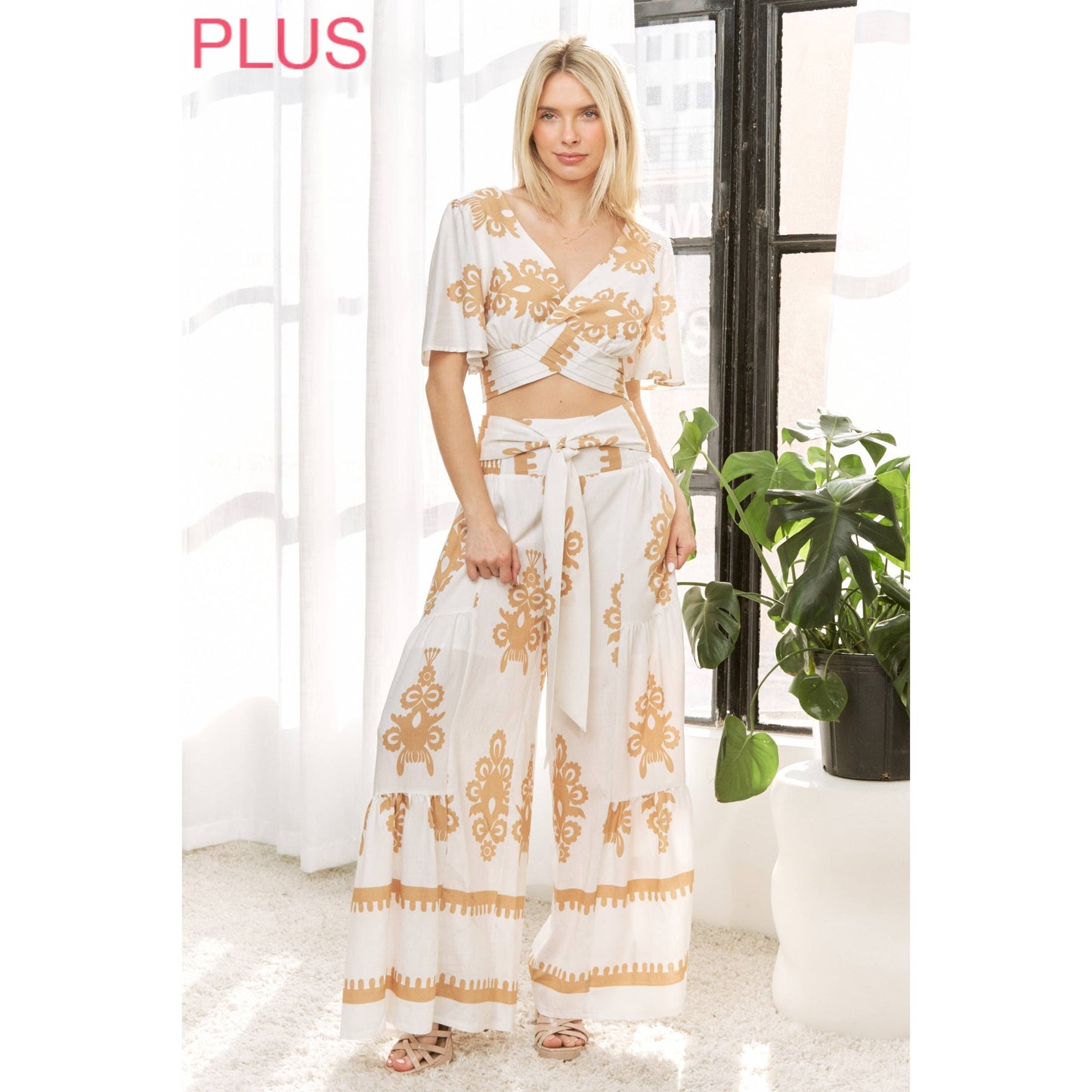 CURVY CHIC BOHO SELF BELTED WIDE LEG PANTS