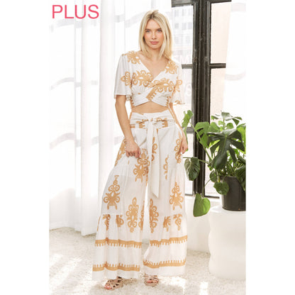 CURVY CHIC BOHO SELF BELTED WIDE LEG PANTS