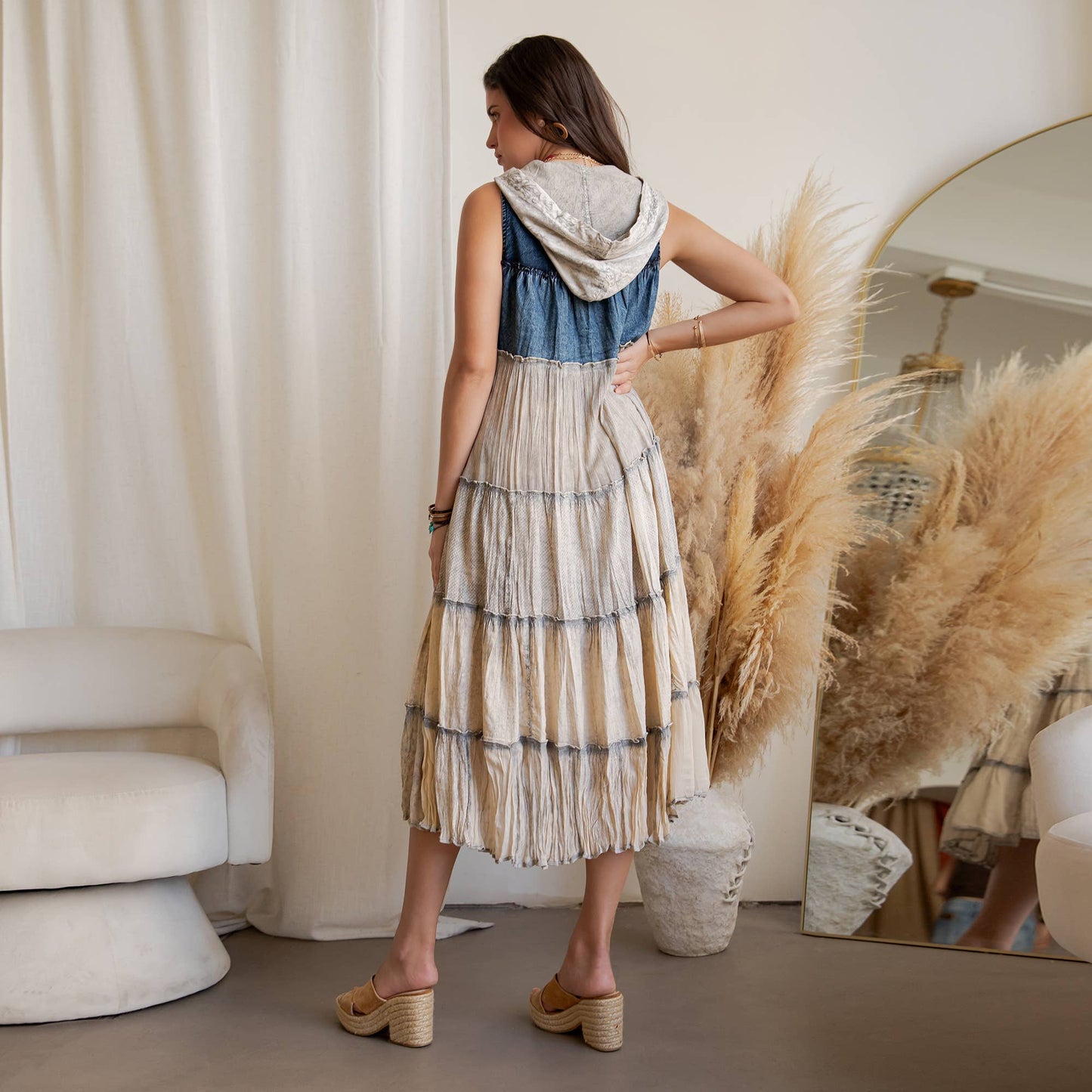 Boho Tiered Sleeveless Maxi Button-Front Duster With Hood 