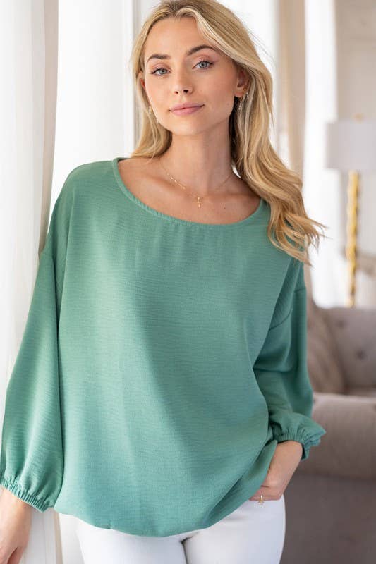 Sage Boat Neck Solid Woven Top