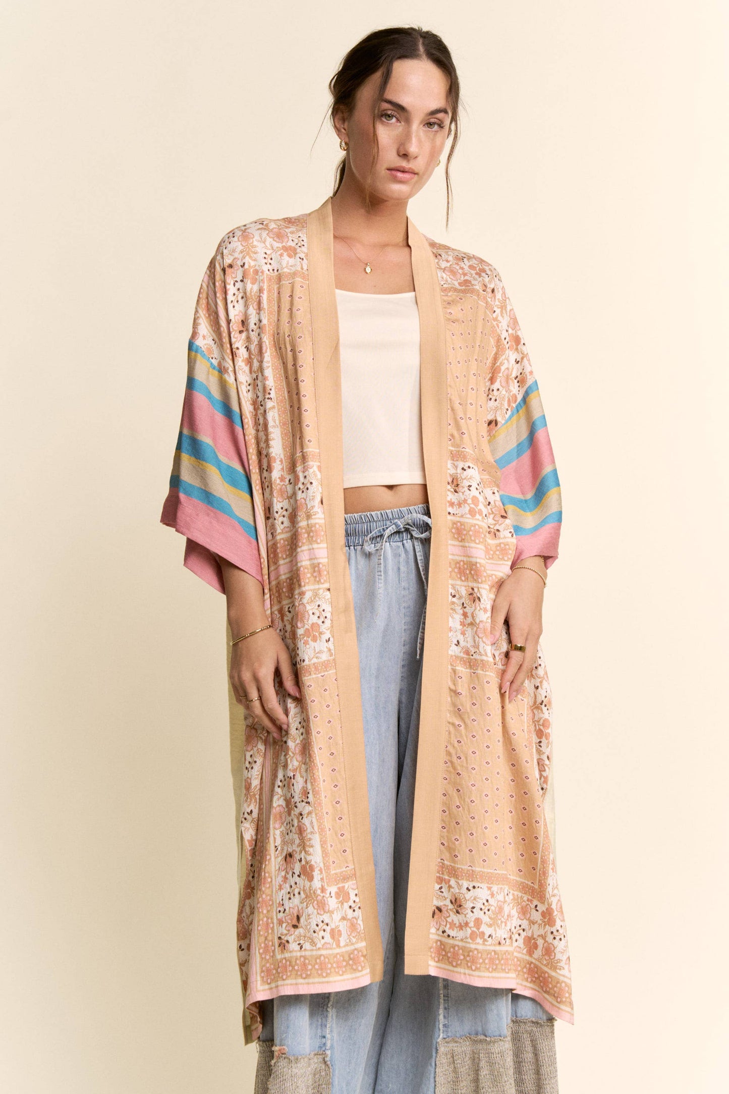 Davi & Dani - GARDEN WHIMSY CAT PRINTED BACK KIMONO DUSTER