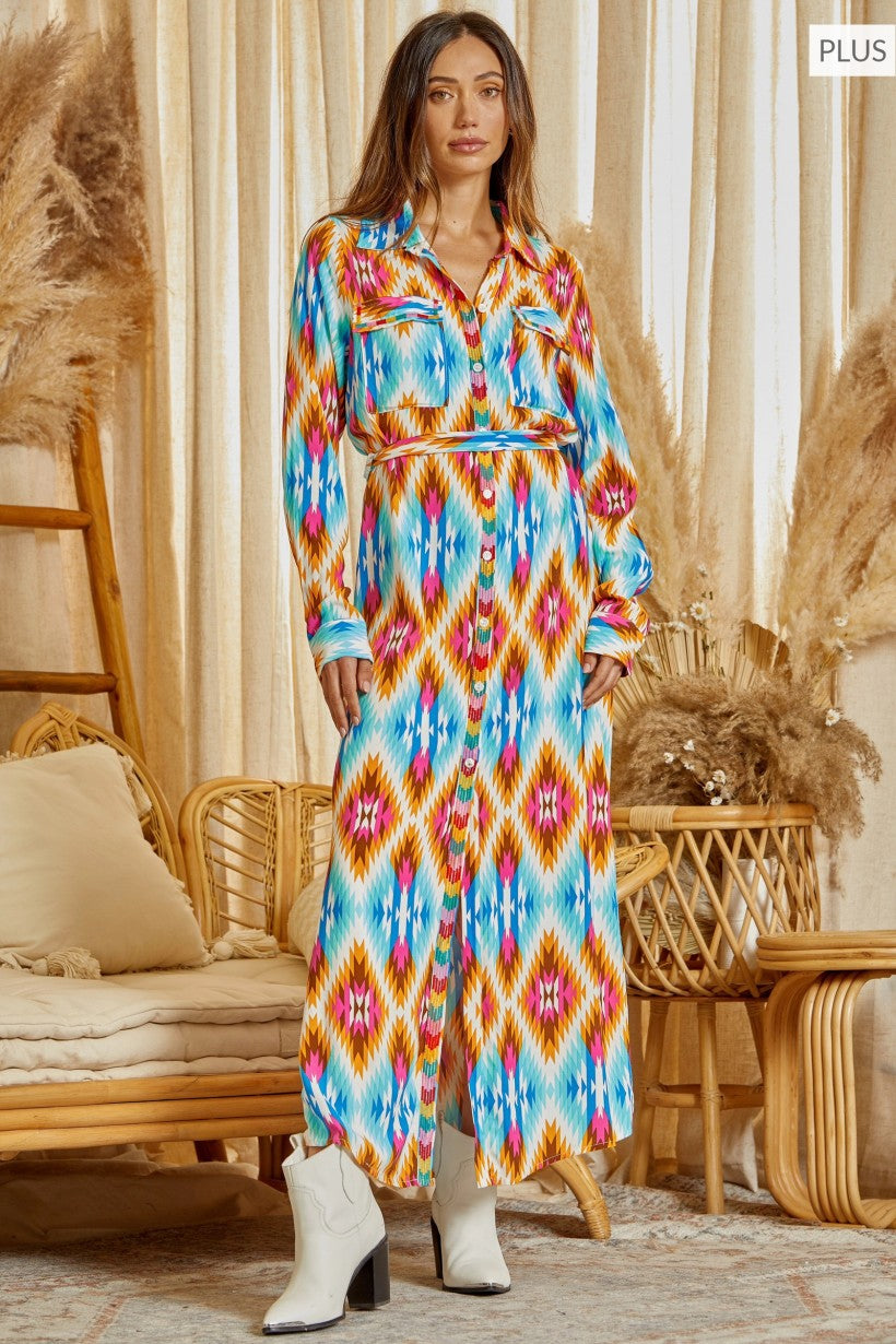 The Curvy Aztec Button Maxi Dress/Duster