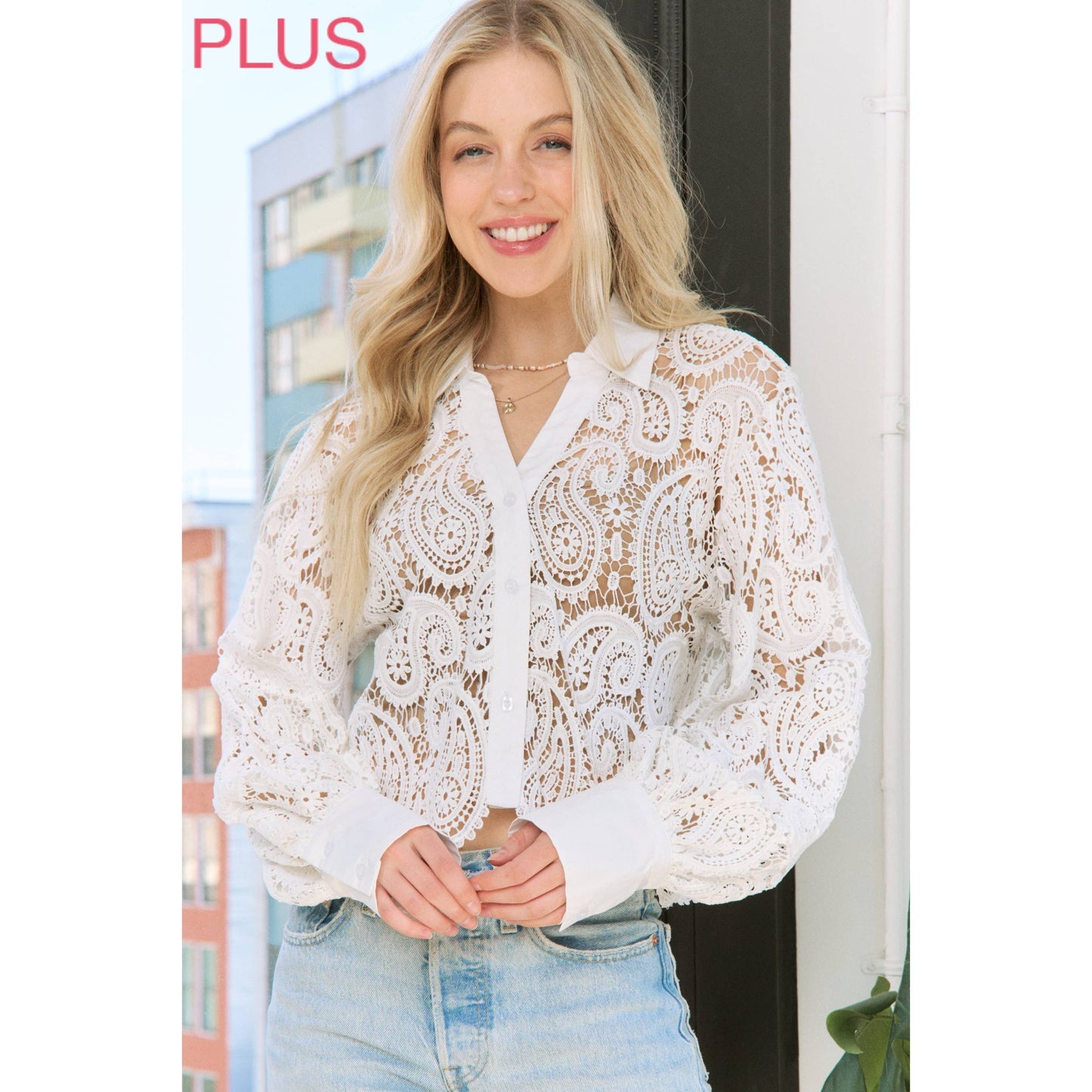 Sweet Generis - SHEER CROCHET SCALLOP EDGE CROP SHIRT BLOUSE