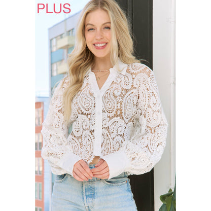 Sweet Generis - SHEER CROCHET SCALLOP EDGE CROP SHIRT BLOUSE