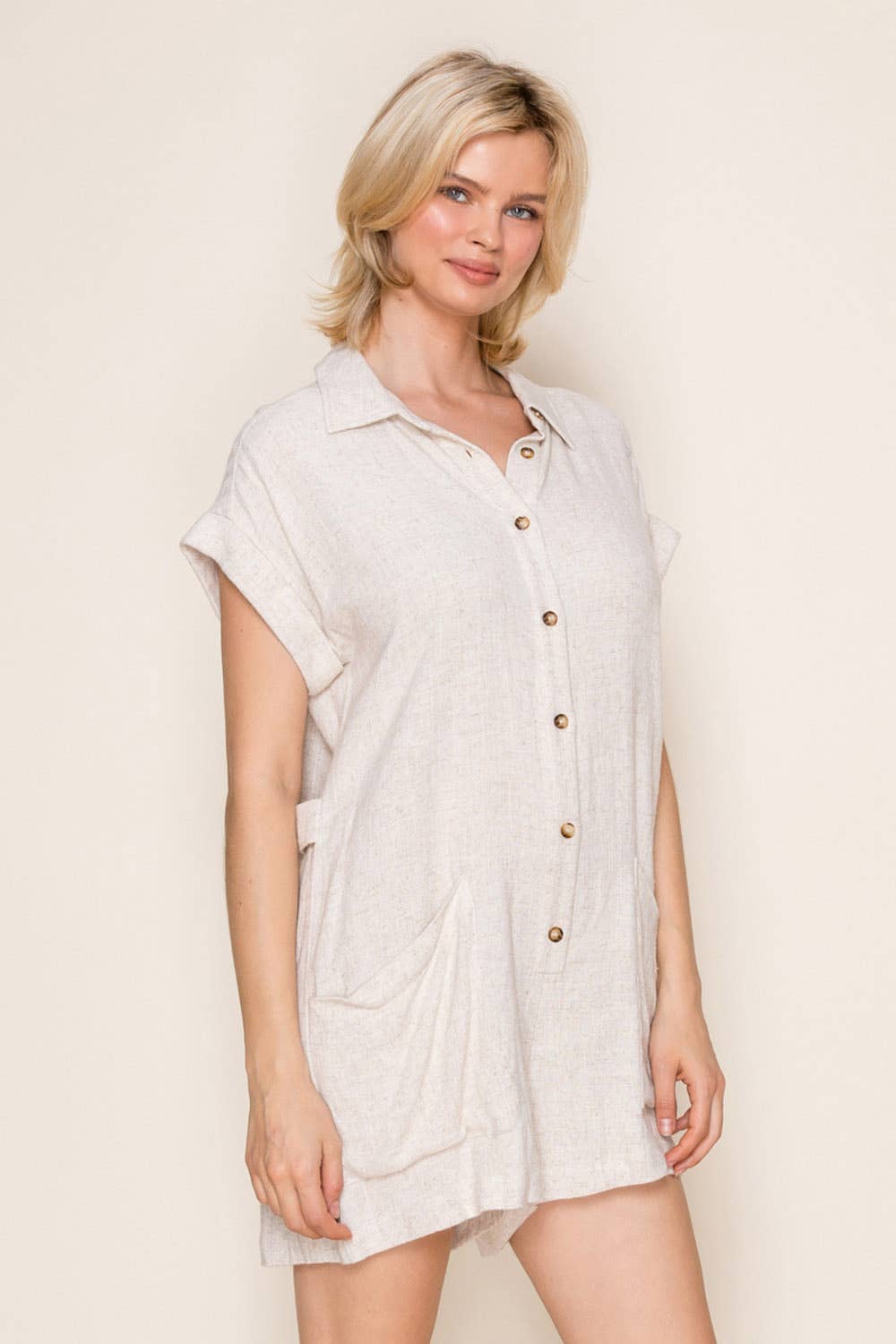 White Birch - Oatmeal Short Sleeve Solid Knit Romper