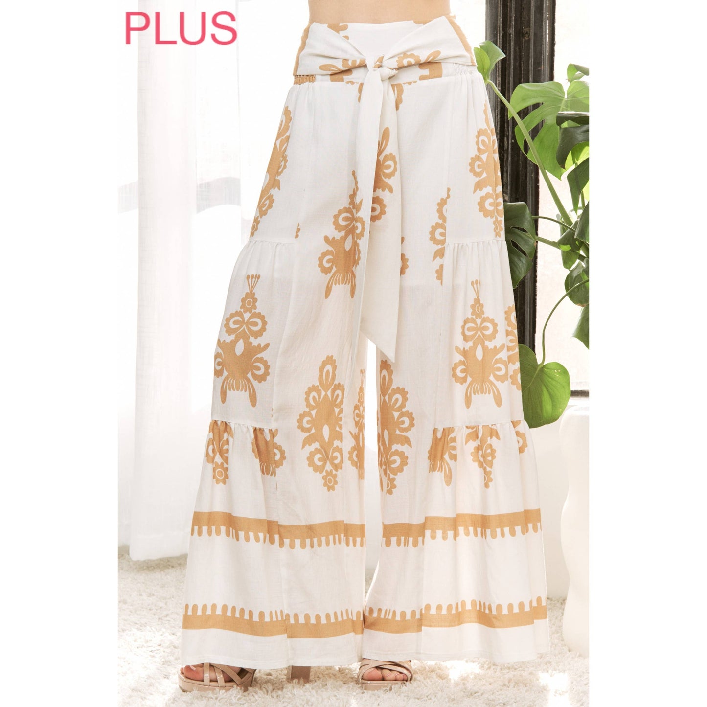 CURVY CHIC BOHO SELF BELTED WIDE LEG PANTS