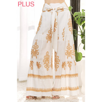 CURVY CHIC BOHO SELF BELTED WIDE LEG PANTS